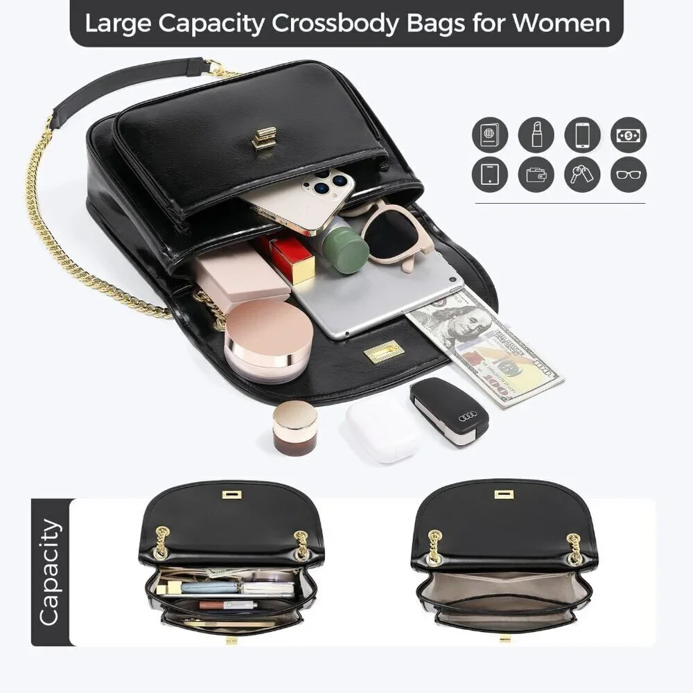 Crossbody Purses for Women Vegan Leather Small Bag with Chain and Multiple Pocke